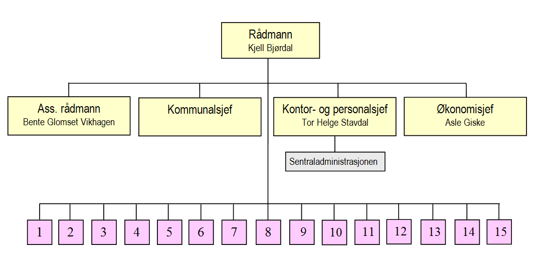 Organisasjonskart Skodje kommune Skodje kommune er organisert med flat struktur, hvor rådmann er ansvarlig leder for 15 selvstendige resultatenheter 1. Skodje barneskule + SFO Leiar: Ketil Hjelset 13.