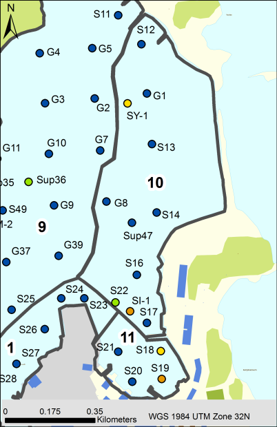 3 m. Forurensningsgrad i overflatesedimenter (14 stasjoner for PAH16, 11 stasjoner for kvikksølv og bly og 10 stasjoner for PCB7 ): Klasse I til IV for kvikksølv (1 av stasjonene er i tilstandsklasse