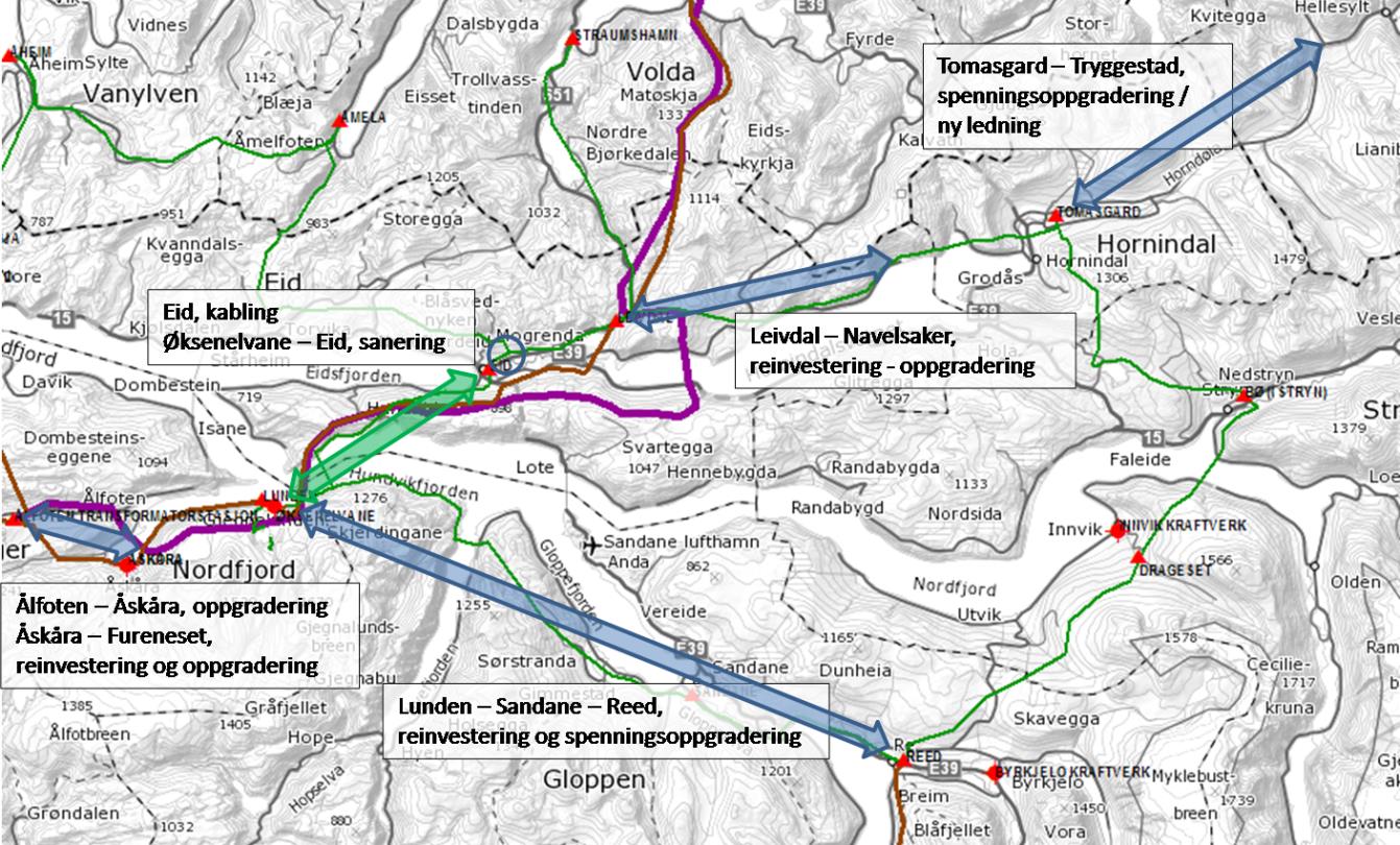 4.8 Nettutvikling Midtre/ Indre Nordfjord Figur 22 Nettskisse Midtre / Indre Nordfjord Området vist i Figur 22 har behov for å få fornya og forsterka eldre regionalnettleidningar, både ut frå teknisk