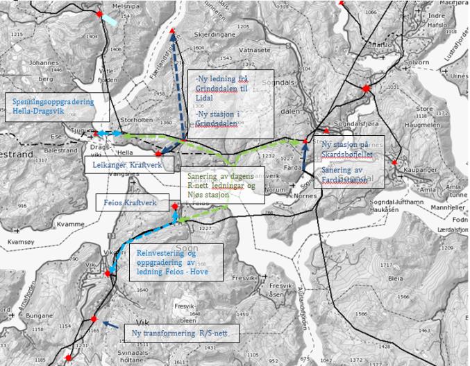 4.11 Nettutvikling Indre Sogn Figur 30 Regionalnettstiltak Sognekraft-området Sognekraft-området Bygginga av den nye Sogndal transformatorstasjon på Skarsbøfjellet har gjeve langt sikrare forsyning