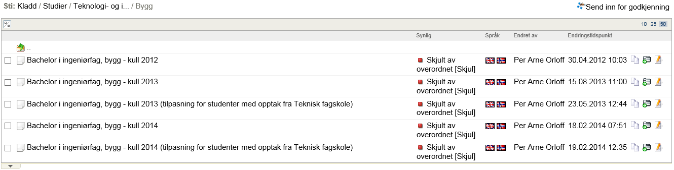 3.0 STUDIEBESKRIVELSER Etter man har valgt studiehåndbok og valgt studier, kommer man til et bilde hvor de ulike studieprogrammene ligger. Fortsettelsen tar utgangspunkt i Teknologi og ingeniørfag.