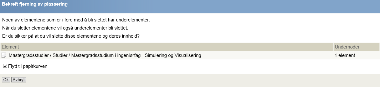 Trykk OK og studiebeskrivelsen med underelementer vil bli lagt i søppelkassen. Webmaster bruker å fjerne disse ofte fra søppelkassen så vær forsiktig med hva du gjør her.