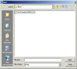 Her velges filtype f.eks Telepay NO. Søk fram filen som skal sendes: Velg hvilken mappe/område og fil som skal sendes. Du henter dette frem med Søk: Dette må settes opp på hver bruker.