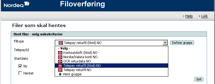 I filer som skal hentes vises alle filene som du har autorisasjon til å hente fra banken. Ved å legge inn søkekriterier vises og velges de filene som ønskes hentet.