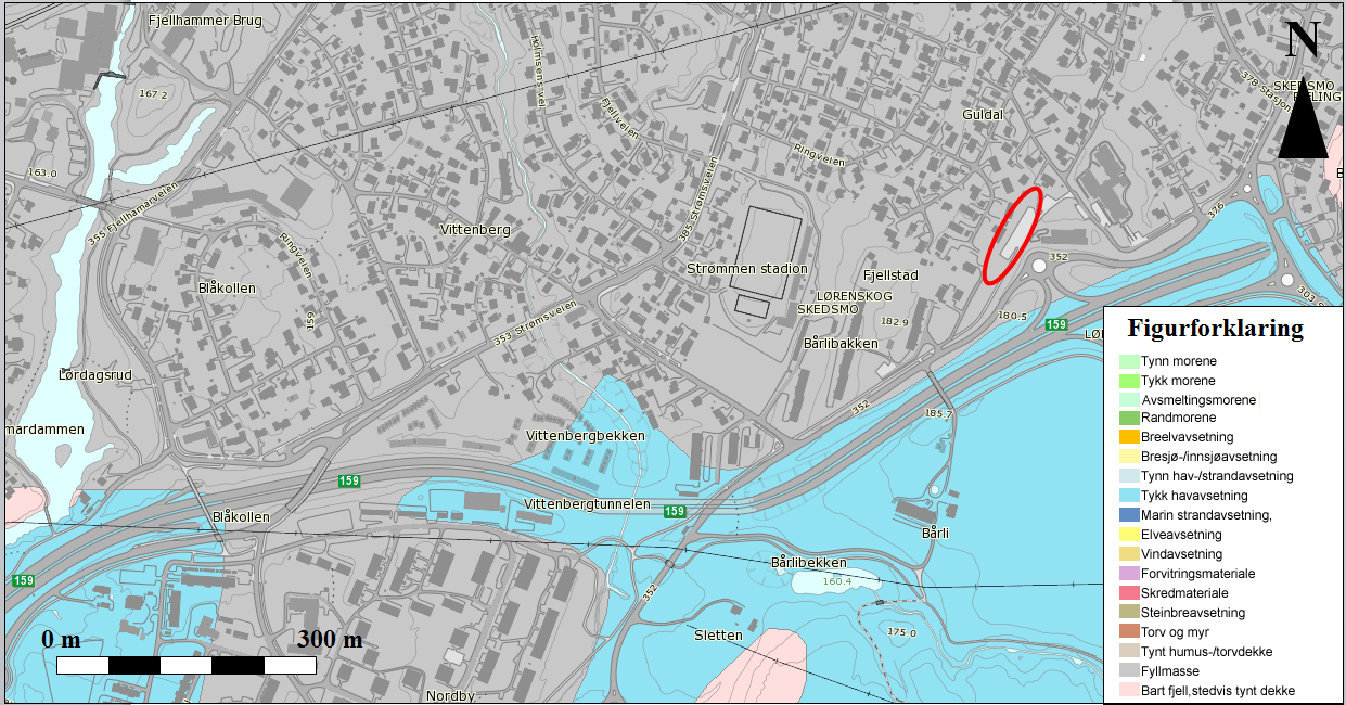 tomteområdet består hovedsakelig av frisksjonsjord over leire, og mektigheten varierer fra 1,28 m til 14,63 over antatt fjell.