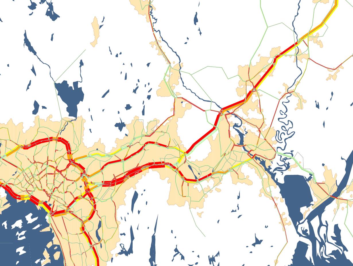 Trafikkutvikling Kartet viser grad av trengsel på vegnettet i morgenrush i 2030 beregnet i transportmodellen RTM23+.