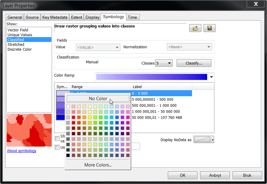 Side 18 Dobbeltklikk symbolet for intervallet 0-5000 og sett dette til «No Color»: Og trykk