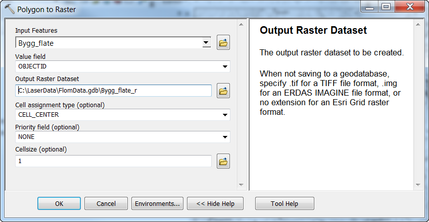 1.1.1. Lage et raster datasett av bygningsgrunnriss Polygon to Raster (Conversion Tools/To Raster) - Input Features: FKB_Bygg_flate - Value field: OBJECTID - Output Raster Datasett: Bygg_flate_r