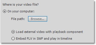 5 REDIGERE ANIMASJON 79 Video Du kan hente inn en videofil i Flash som så kan spilles av i en egen videospiller. Videofila bør være i H.264 format (mp4).