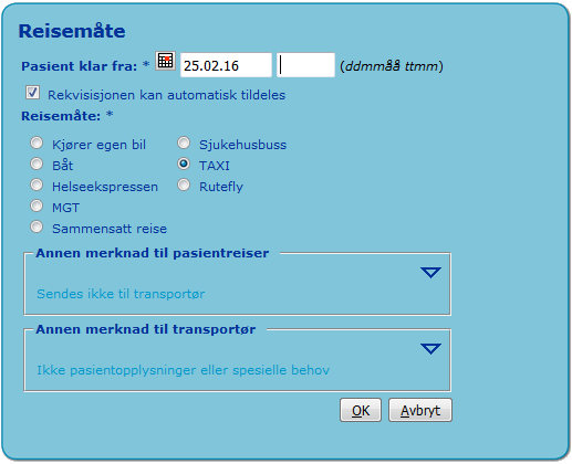 Legg inn tidspunktet når pasienten er klar. Default dato er satt lik oppmøtedato, og formatet er ddmmåå, punktum kan brukes. Eksempel 1308, 130806 