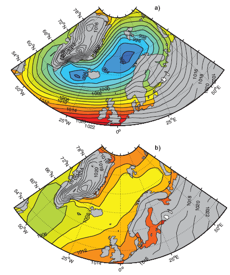 Høy NAO Slp diff. Island-Azorene Lav NAO Slp diff.