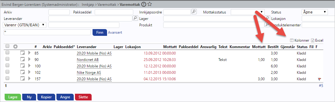 Overførte innkjøpsordre Knappene «Ny», «Kopier» og «Slette» i zoom-skjermbildet for innkjøpsordre er nå fjernet dersom innkjøpsordren er overført til varemottak, slik at det ikke er mulig å legge til