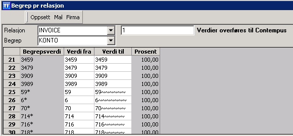 3.4.2. Relasjonsverdier for overføring av konti til Basware Alle som benytter Basware for håndtering av inngående faktura skal ha satt opp en relasjon mellom begrepet INVOICE og KONTO.