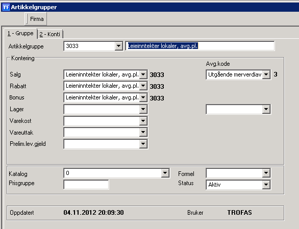 7.1. Artikkelgrupper Et typisk oppsett i vår sektor for artikkelgruppene er at det finnes en artikkelgruppe for hver inntektskonto som det er aktuelt å bokføre et salg mot.