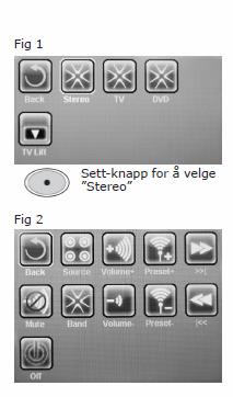 Hver knapp starter/stopper funksjonen som er tilsvarende bildet i displayet (blower virker ikke): MENY - A/V (AUDIO OG VIDEO) STEREO Eneste valget som vil