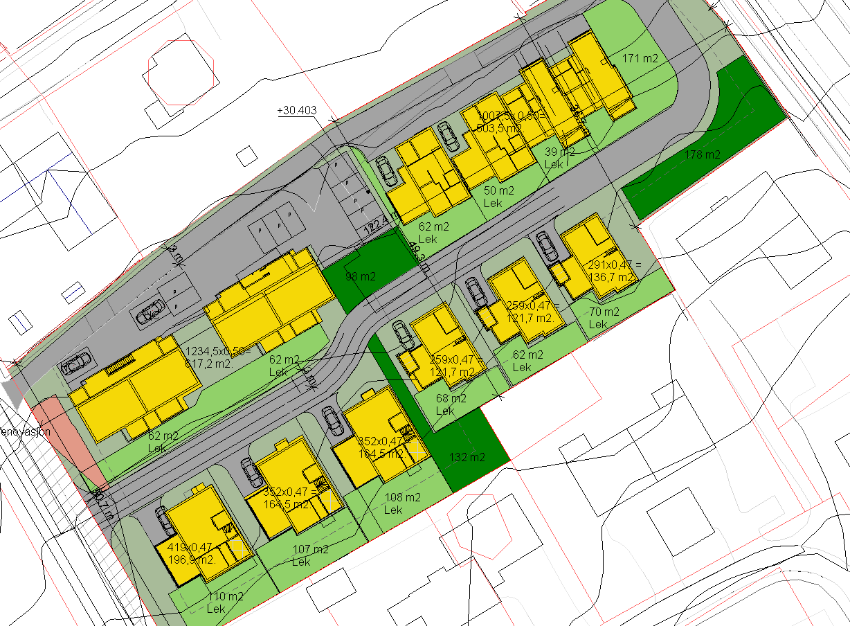 Illustrasjon viser felles og private ute/oppholdsarealer på bakkeplan. Lys grønn = privat og mørk grønn = felles. Ivaretakelse av eksisterende og evt.