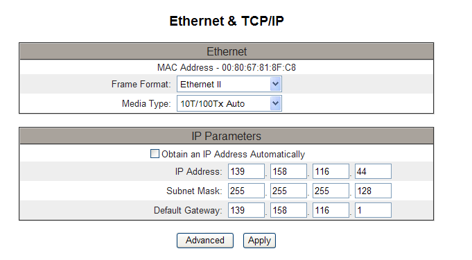 Endre IP addresse Velg Ethernet & TCP/IP fra Setup menyen IP addresse og Subnet mask som EGX300 skal ha i nettverket legges inn her.