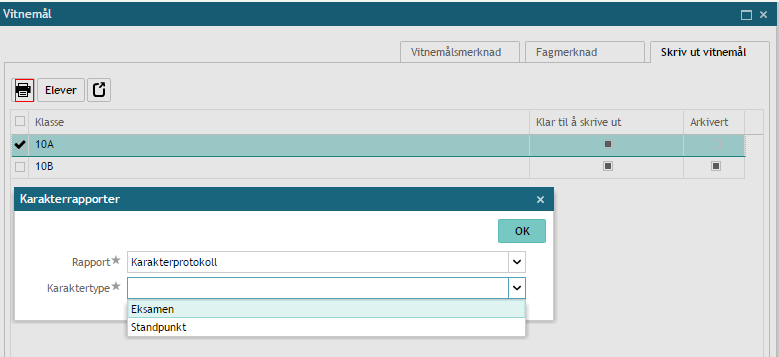 Ved valg av karakterprotkoll fra Vitnemål er eksamen og standpunkt alternative karaktertyper
