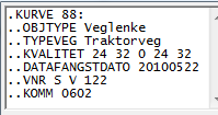 2.9.1: FKB-TraktorvegSti - Vegtype Traktorveg Oppslag/Detaljer Veglenke med TypeVeg Traktorveg : Veg som hele året (eller deler av året) ikke egner seg for vanlig bilkjøring, men som er farbar med