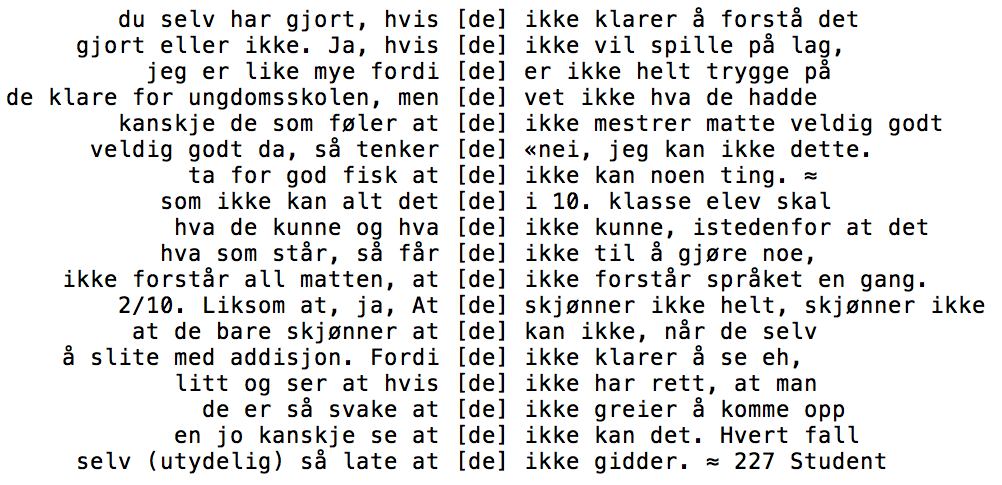 Tabell 2: Oversikt over de ordene som oftest ble brukt sammen med «de».