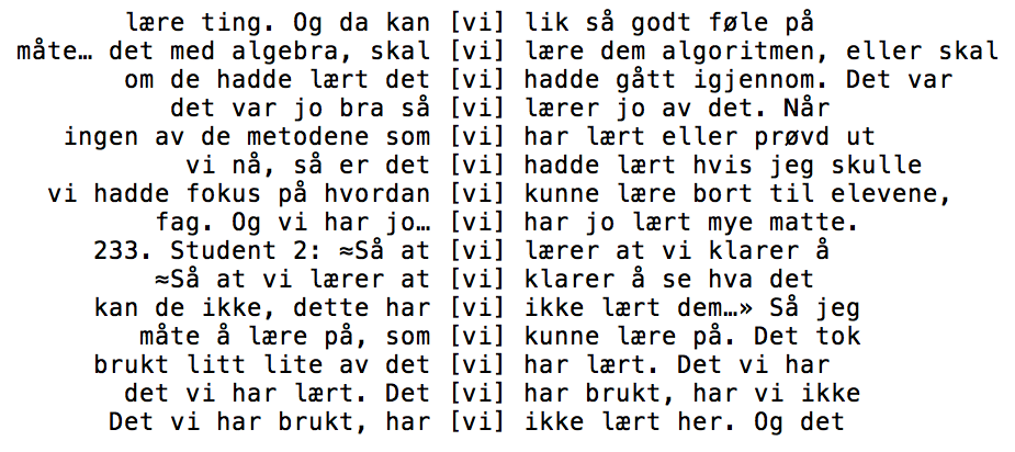 Figur 3: Oversikt over nøkkelordet «vi» i kombinasjon med læring i pre-fgi. Figur 4: Oversikt over nøkkelordet «vi» i kombinasjon med læring i post-fgi.