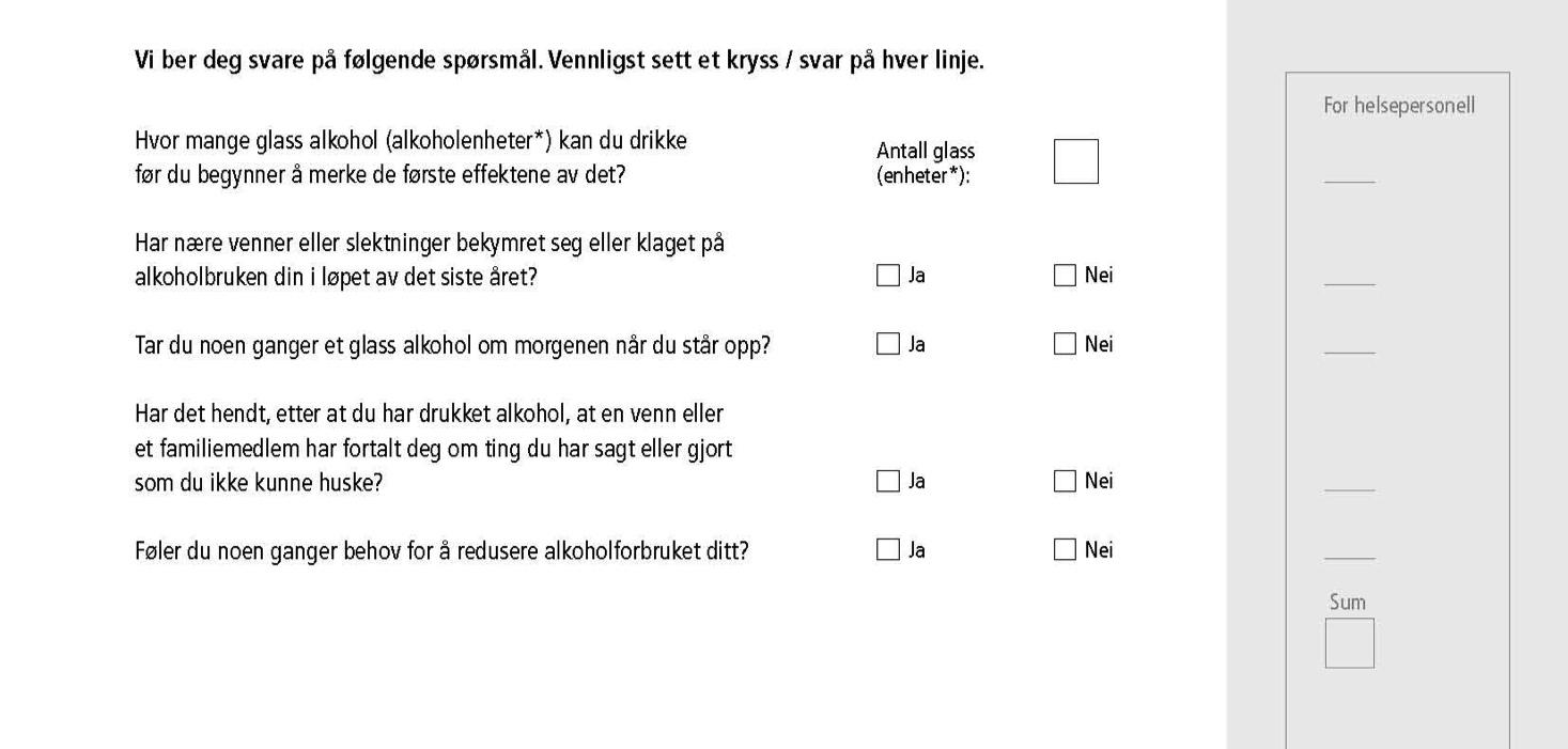 TWEAK (TWEAK + tre spørsmål modifisert for gravide fra AUDIT-C) Tolerance (toleranse) Worried