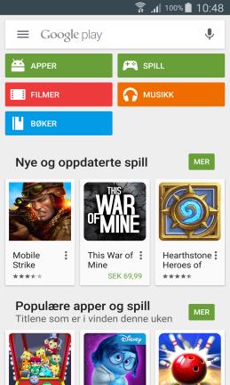 Man kan også zoome ved å føre sammen eller trekke fingrene fra hverandre. Når man trykker på funksjonsknappen Meny (1) vises en meny der man kan gjøre ulike valg. 5.1.8 Play Butikk Man kan ha Play Butikk som en snarvei på Startmenyen.