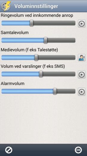 6.4.2 Voluminnstillinger Via Hurtiginnstillinger kan man enkelt endre de ulike volumene: Når man trykker på pilen til høyre for Volum kommer man til skjermen Voluminnstillinger.