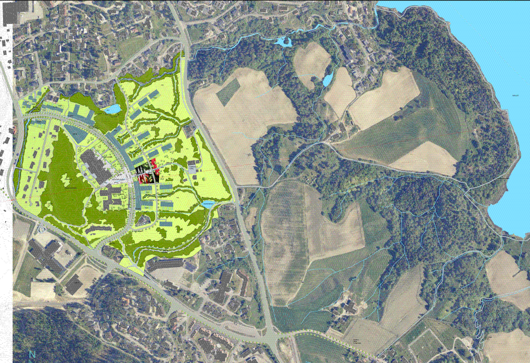 12 Ideskisse B - LMR arkitektur as og Dronninga landskap as Arkitektteamet mener naturgitte kvaliteter, som Marka, Svellet/Øyeren og ravinelandskapet, er Rælingens fortrinn.