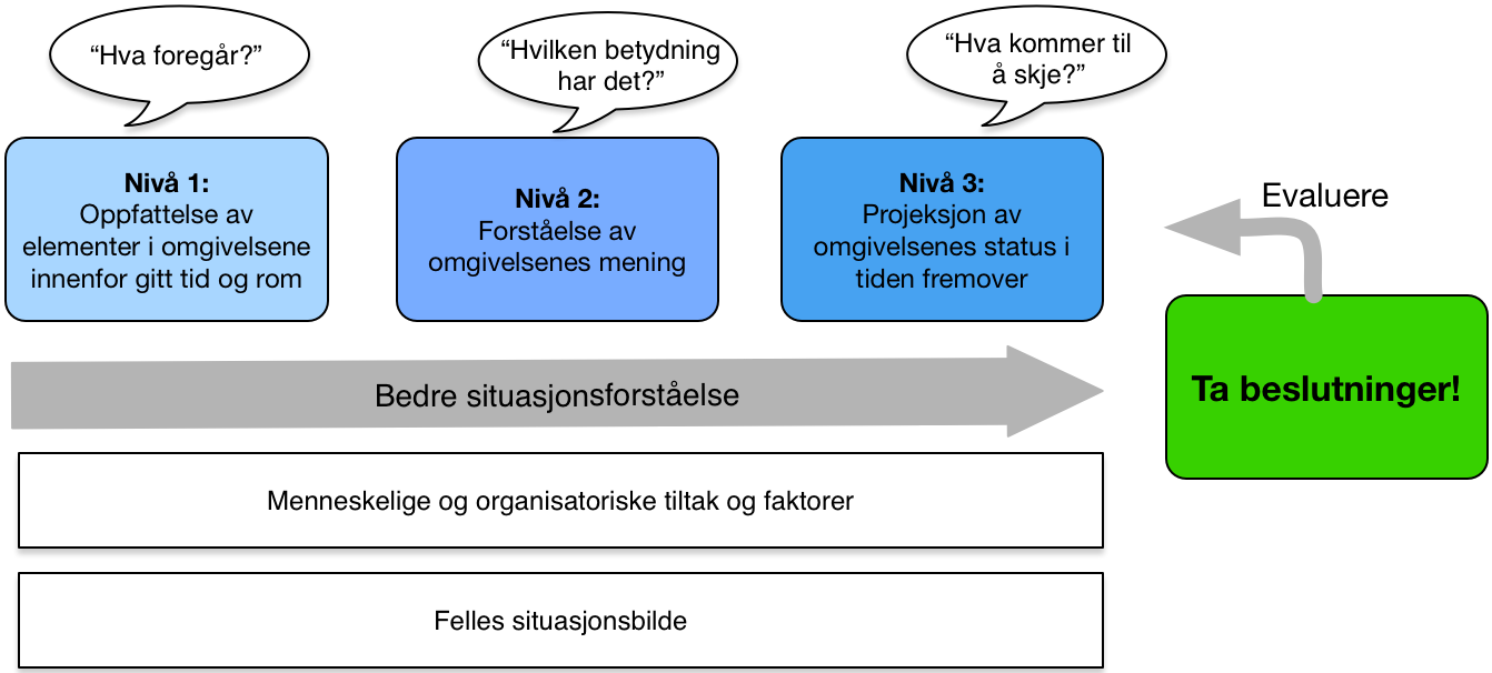 3 Situasjonsforståelse og SAR i Nordområdet 3.1 Hva er situasjonsforståelse? Situasjonsforståelse kan beskrives som bestående av tre nivåer (Endsley 1995): 1.