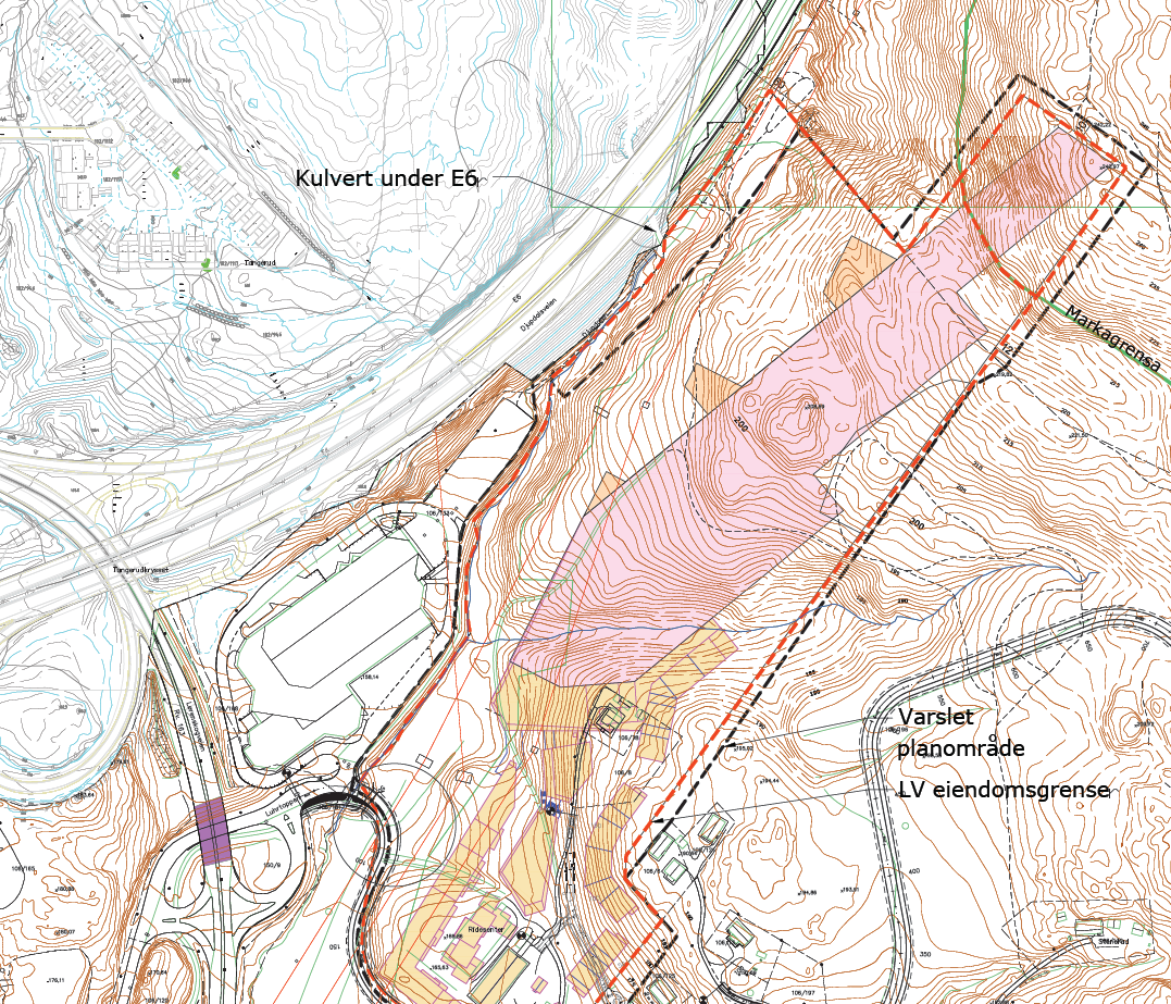 5 Støy fra snøkanoner Det kan bli aktuelt med utendørs produksjon av snø til skihallen. Mest sannsynlig plassering vil være på område mellom skihall og E6 nær parkeringsplass, se Figur 9 nedenfor.