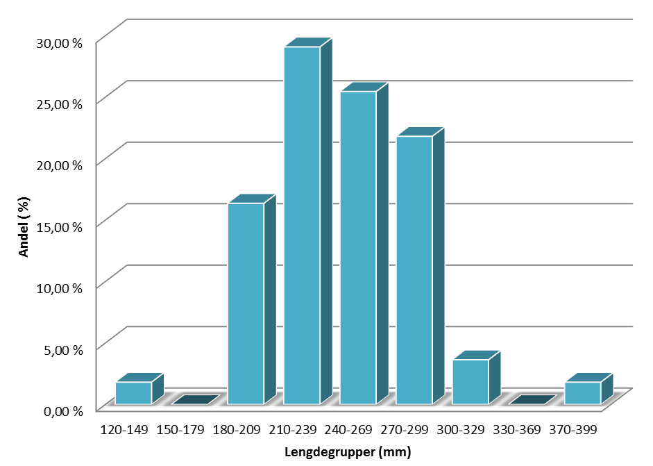 Side 47 av 55 Resultater Garnfangst Totalt ble det fanget 49 ørret i bunngarnene og 6 ørret i flytegarnene. Gjennomsnittlig størrelse til ørreten i fangsten var 160,5 gram.