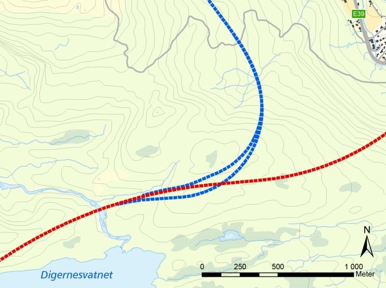 Fig. 3.6 Området nær tunnelopningar Det kan vere aktuelt å bygge armar mot Hafstad for alternativa Myra-Pinndalen og Myra- Brulandsberget. I fig. 3.7 er det vist eit utsnitt av linja for armane som går mot Hafstad frå tunnelen Myra-Pinndalen.