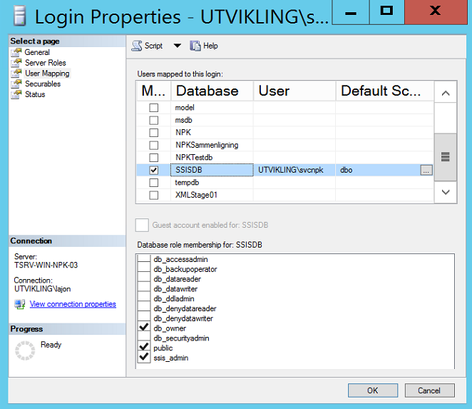 b. SSIS database rettigheter: 7.2 Installasjon av NPK Installasjonssteg: 1. Skift til den katalogen NPK installasjonspakken er pakket ut. 2. Kjør NPK installasjonsfilen «NPK.Setup.msi».