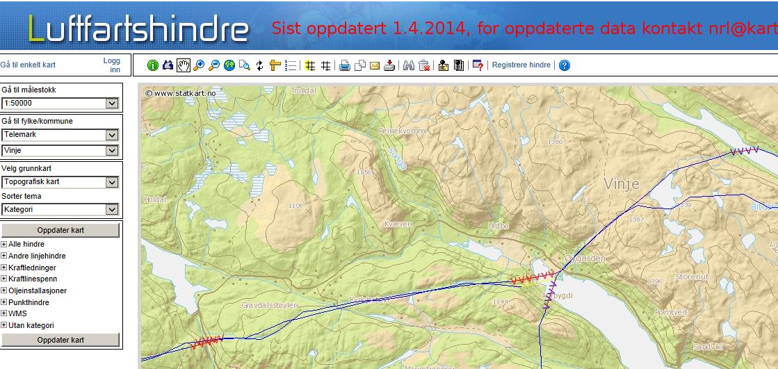 NRL Nasjonalt register over luftfartshindre NRL-portalen viser luftfartshindre mot kartbakgrunn.