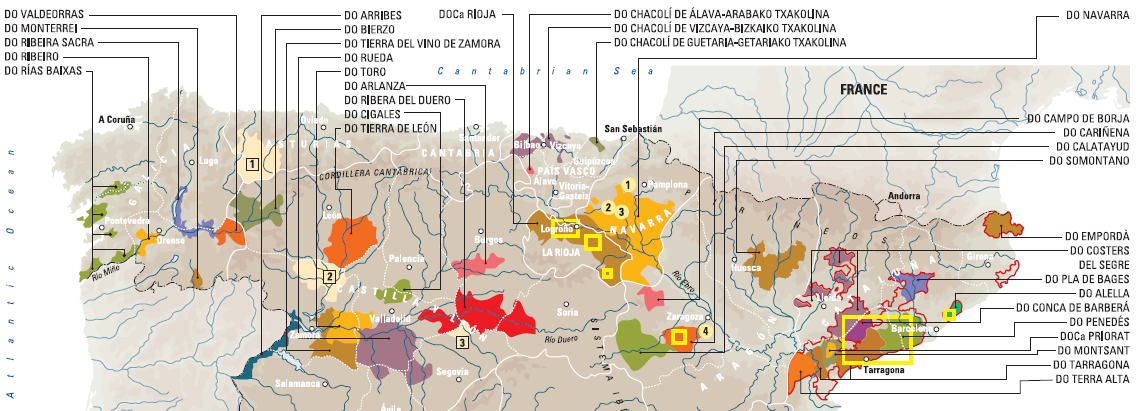 Kraftig økning av DO-områder 1972-2003 Rías baixas Txacoli Navarra Ribeiro Catalunya Ampurdan-Costa Brava Bierzo Monterrei Cigales Rioja Somontano Costers Segre Toro Rueda Campo Borja Pla Bages Cava