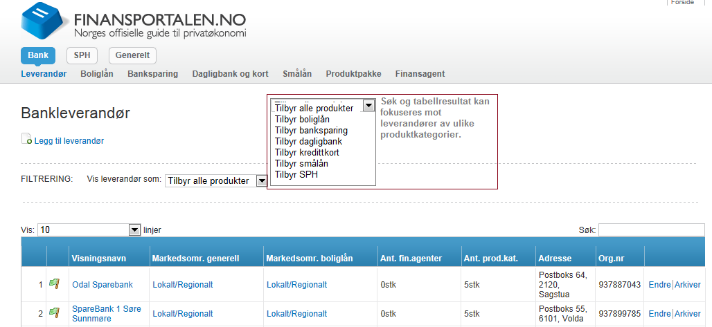 For illustrasjon av arkiveringsfunksjon i datafanger se skjermbilde 13 arkivering av banktilbud fra datafanger.