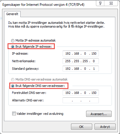 Vi får opp nok et vindu og velger IPv4 og trykker egenskaper. Dermed huker vi av for «bruk følgende IP-adresse» og skriver inn 192.168.0.150 som jeg vet er utenfor IP adressene ruteren deler ut.