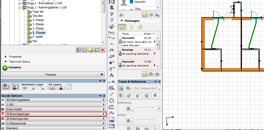 Når man skal oppdatere dxf fra managern, så må man bytte til et annet pen set. På dette bildet ser man at rømningsveien er oppdatert, og man kan nå bytte tilbake.