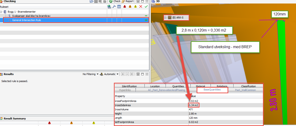 Bytter jeg til fanen BaseQuantities, så får jeg frem informasjonen om areal fra ArchiCAD. Her står det 0,336 m2, noe som er helt likt med hva jeg regnet ut.