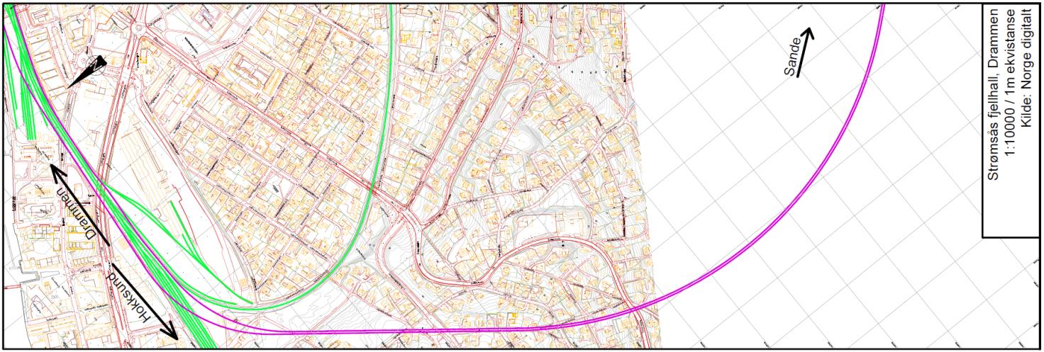 3.8 Alternativ 8 Strømsås fjellhall Det skal bygges en tunell fra Drammen til Kobbervikdalen. Traséen er ikke avklart, men de blå linjene representerer mulige løsninger.