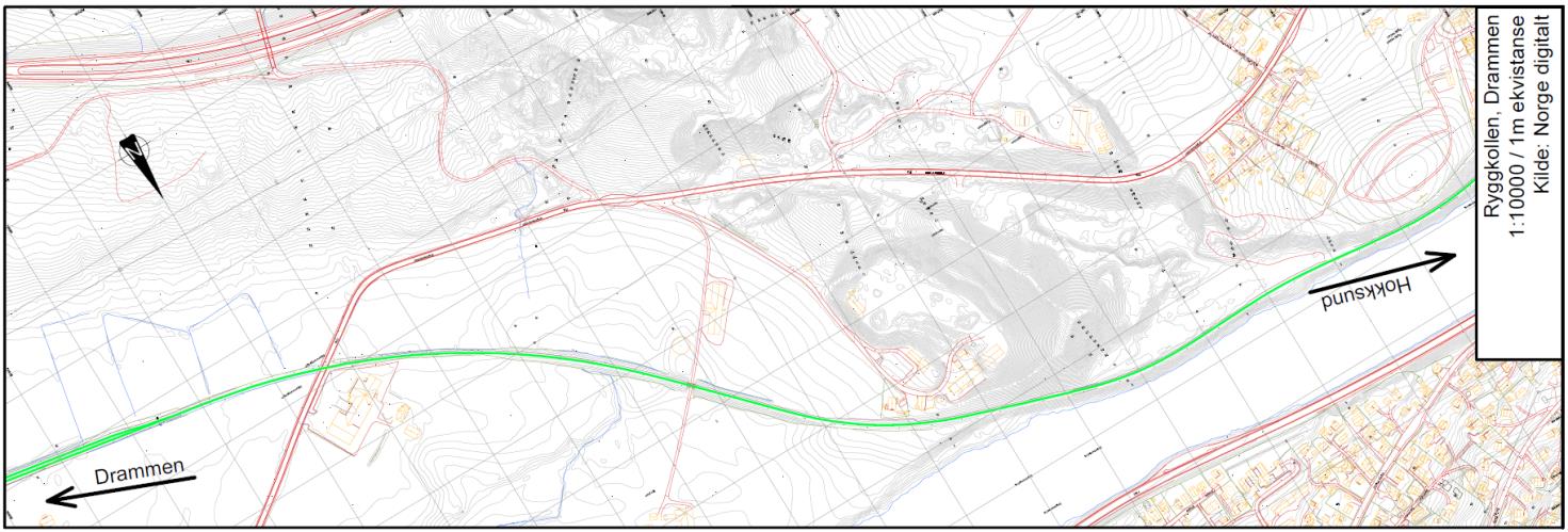 3.5 Alternativ 5 Ryggkollen Ryggkollen er et masseuttak rett øst for Mjøndalen. Det er ca 8,1 km til Drammen. Området er preget av masseuttaket med store høydeforskjeller og lite vegetasjon.