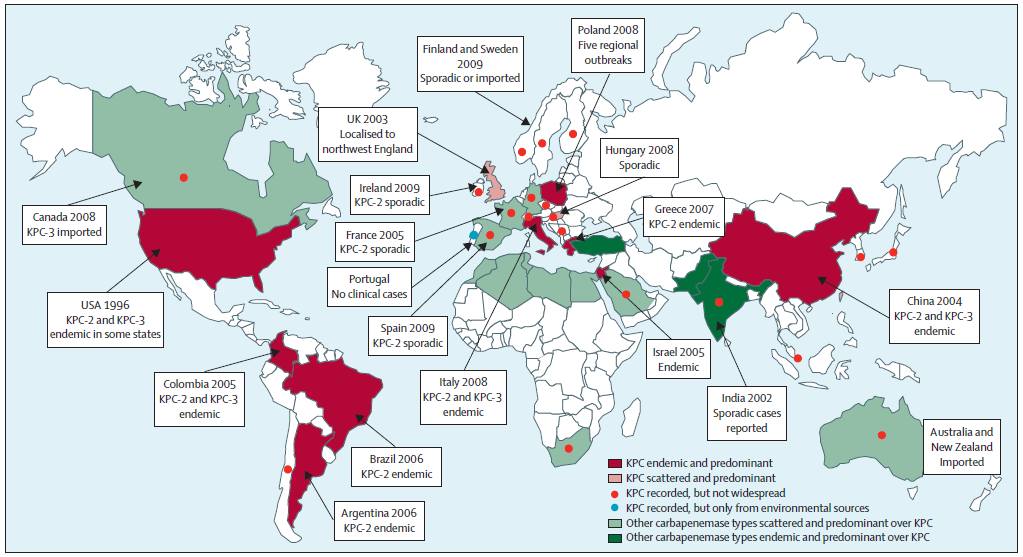 KPC (ESBL CARBA-A ) GLOBAL SPREDNING 39 stater K. pneumoniae dominerer Yigit H. et al. Antimicrob. Agents Chemother.