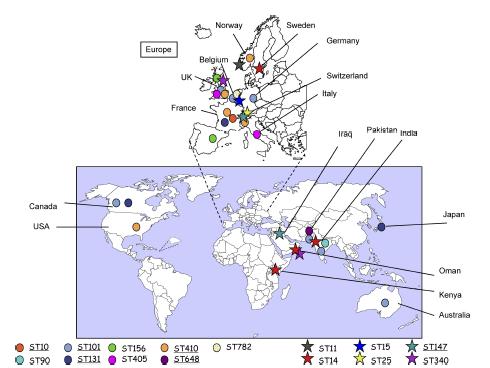 NDM Klonal diversitet & diverse plasmider Plasmider: IncF, IncA/C, IncL/M, IncH1, IncH3, IncX3, un-typable Genetisk structur: Poirel L. et al. Antimicrob. Agents Chemother.