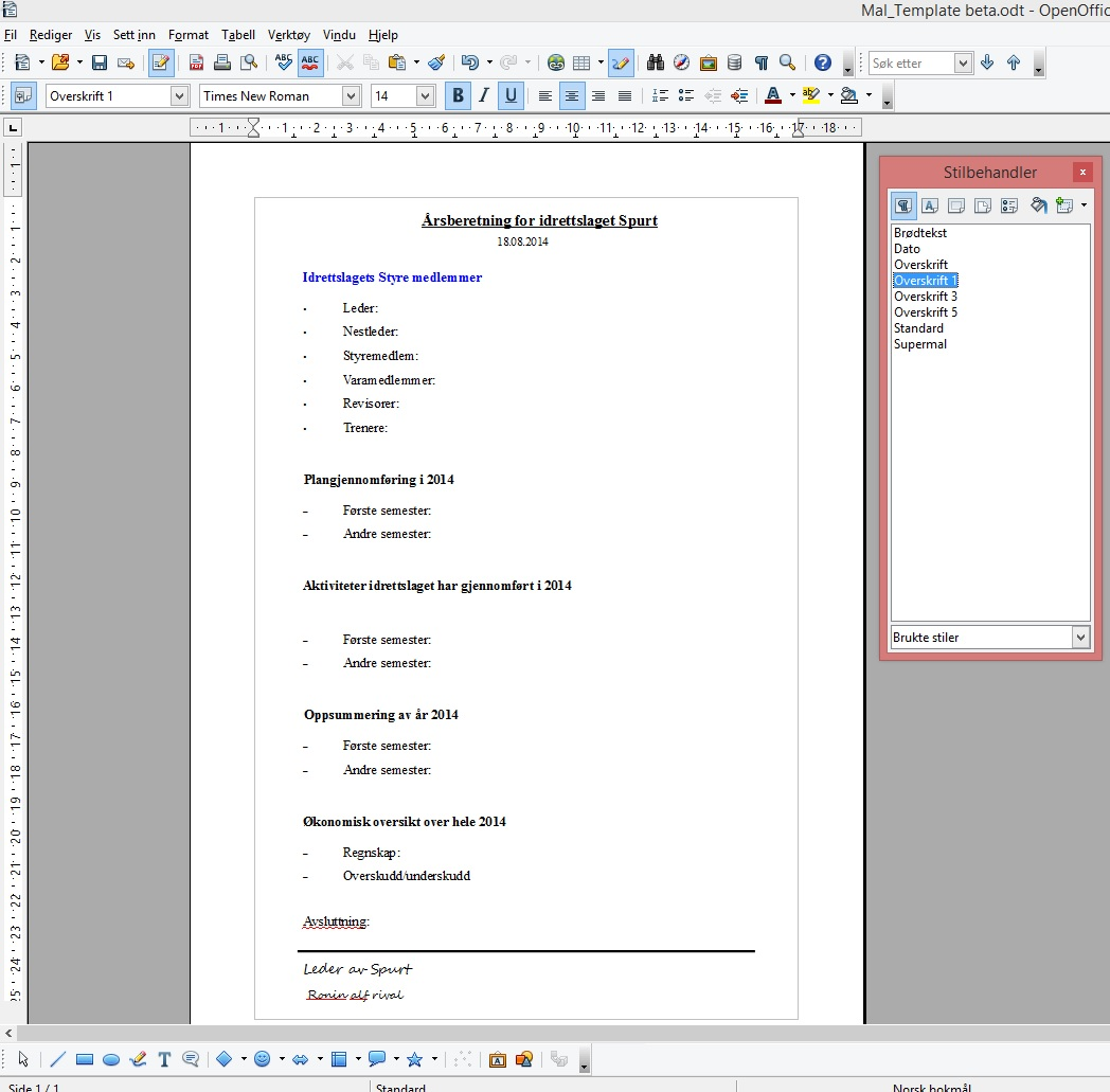 Oppgave 3) Lag en template/mal med egne stiler som skal brukes til årsberetningen.