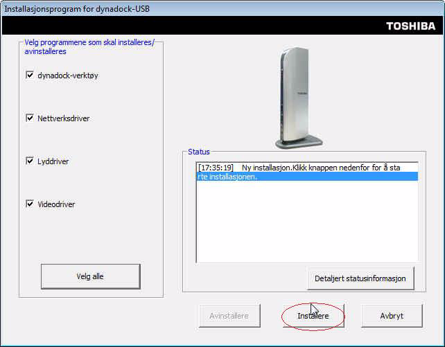 3. Klikk Istaller for å istallere de valgte programmee. Statusområdet til høyre midt på skjerme viser istallerte drivere.