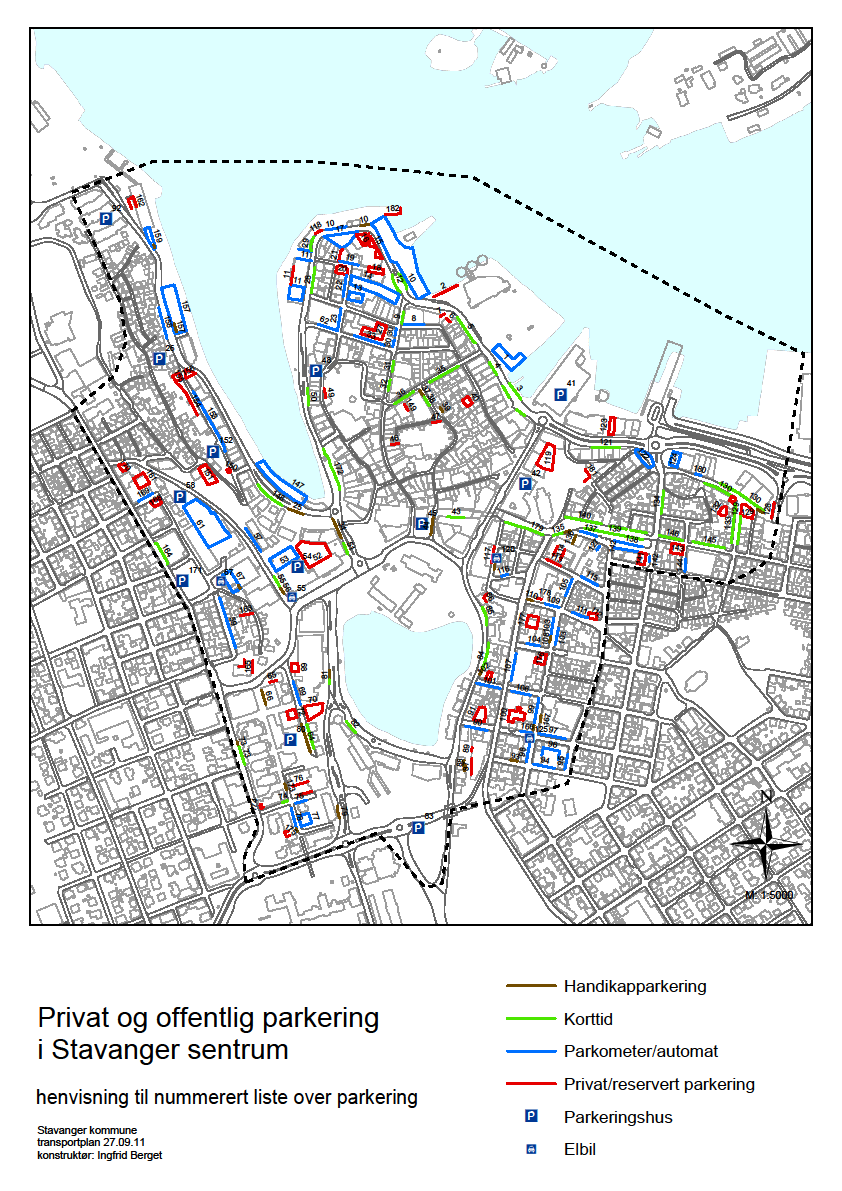Figur 12. Stavanger sentrum. Nummerering og klassifisering av 182 steder der parkeringstilbudet er blitt registrert. 4.