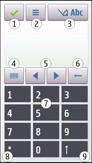 48 Skrive inn tekst 1 Lukk Lukker det virtuelle tastaturet (Alfanumerisk tastatur). 2 Inntastingsmeny åpner menyen for inntasting via berøring.