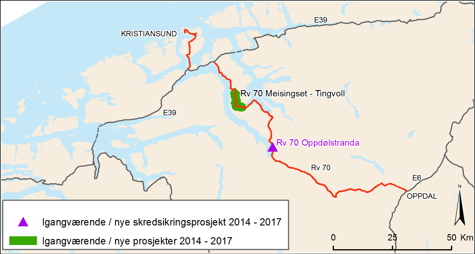 Endringer i standard på ruten i perioden 2014-2017 Virkninger ntall km veg åpnet for trafikk 13,5 ntall km riksveg med gul midtstripe 1,0 ntall km utbygd firefelts veg med fysisk atskilte kjørebaner