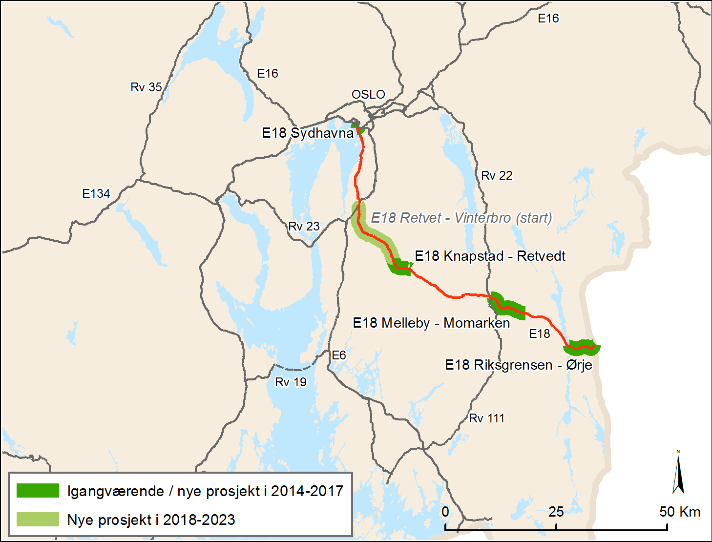 Prioriteringer på ruten Perioden 2014-2017 Utbyggingen av E18 i Østfold på strekningen Melleby Momarken som startet i 2011, ventes åpnet for trafikk høsten 2014.